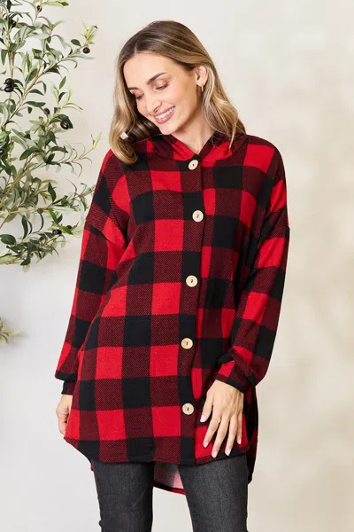 Fashnzfab Full Size Plaid Button Front Hooded Shirt In Multi