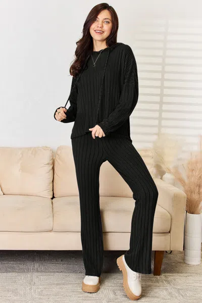 Fashnzfab Full Size Ribbed Drawstring Hooded Top And Straight Pants Set In Black