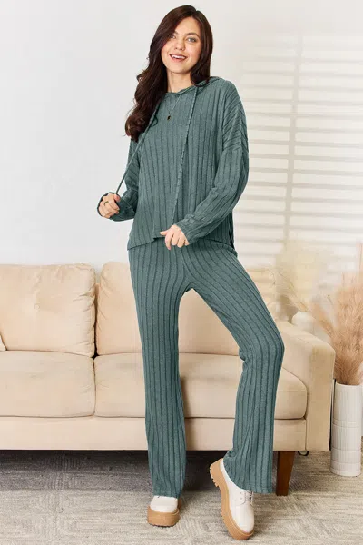 Fashnzfab Full Size Ribbed Drawstring Hooded Top And Straight Pants Set In Blue