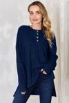 Fashnzfab Full Size Ribbed Half Button Long Sleeve High-low T-shirt In Multi
