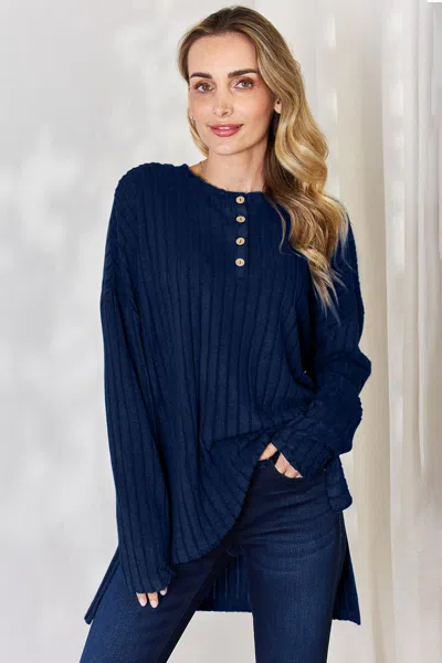 Fashnzfab Full Size Ribbed Half Button Long Sleeve High-low T-shirt In Multi