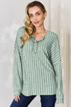 Fashnzfab Full Size Ribbed Half Button Long Sleeve T-shirt In Multi