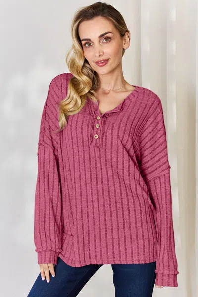 Fashnzfab Full Size Ribbed Half Button Long Sleeve T-shirt In Pink