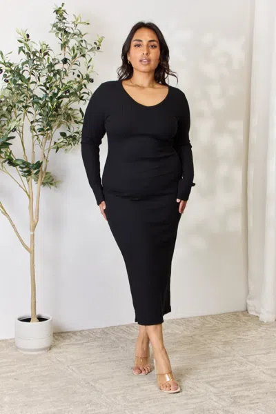 Fashnzfab Full Size Ribbed Long Sleeve Midi Slit Dress In Black