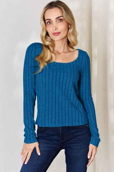 Fashnzfab Full Size Ribbed Long Sleeve T-shirt In Blue
