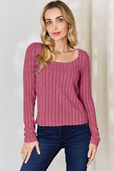 Fashnzfab Full Size Ribbed Long Sleeve T-shirt In Pink