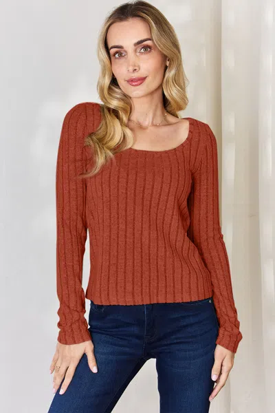 Fashnzfab Full Size Ribbed Long Sleeve T-shirt In Red