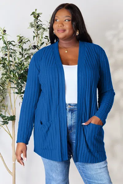 Fashnzfab Full Size Ribbed Open Front Cardigan With Pockets In Blue