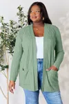 Fashnzfab Full Size Ribbed Open Front Cardigan With Pockets In Green