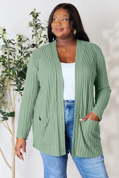 Fashnzfab Full Size Ribbed Open Front Cardigan With Pockets In Green