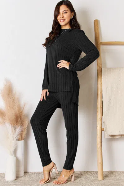 Fashnzfab Full Size Ribbed Round Neck High-low Slit Top And Pants Set In Black