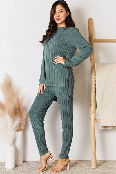 Fashnzfab Full Size Ribbed Round Neck High-low Slit Top And Pants Set In Green
