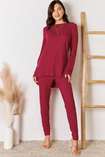 Fashnzfab Full Size Ribbed Round Neck High-low Slit Top And Pants Set In Silver