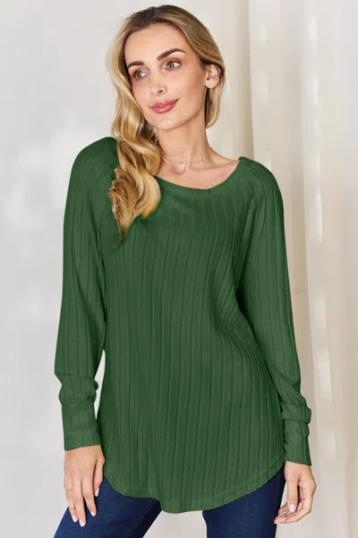 Fashnzfab Full Size Ribbed Round Neck Slit T-shirt In Green