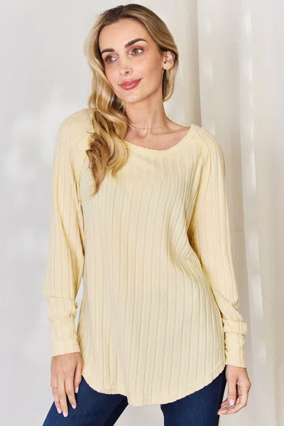 Fashnzfab Full Size Ribbed Round Neck Slit T-shirt In Yellow