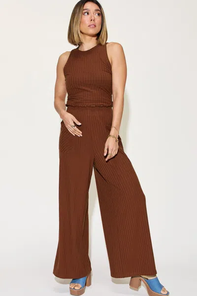 Fashnzfab Full Size Ribbed Tank And Wide Leg Pants Set In Brown
