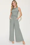Fashnzfab Full Size Ribbed Tank And Wide Leg Pants Set In Grey