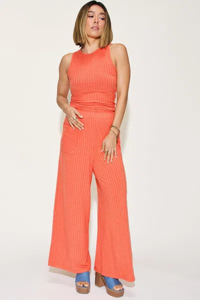 Fashnzfab Full Size Ribbed Tank And Wide Leg Pants Set In Orange