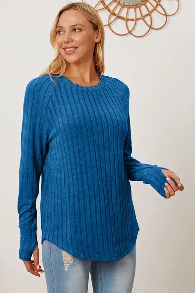 Fashnzfab Full Size Ribbed Thumbhole Sleeve T-shirt In Blue