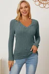 Fashnzfab Full Size Ribbed V-neck Long Sleeve T-shirt In Blue