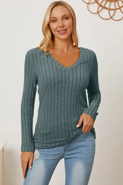 Fashnzfab Full Size Ribbed V-neck Long Sleeve T-shirt In Blue