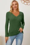 Fashnzfab Full Size Ribbed V-neck Long Sleeve T-shirt In Multi