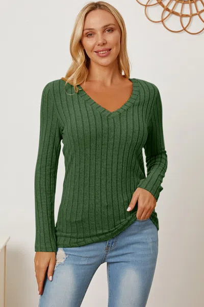 Fashnzfab Full Size Ribbed V-neck Long Sleeve T-shirt In Multi