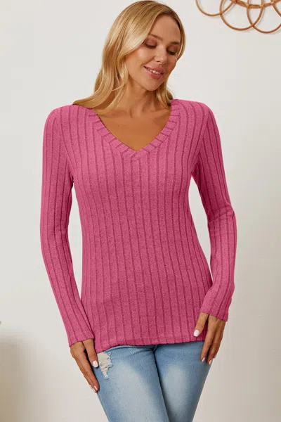 Fashnzfab Full Size Ribbed V-neck Long Sleeve T-shirt In Pink