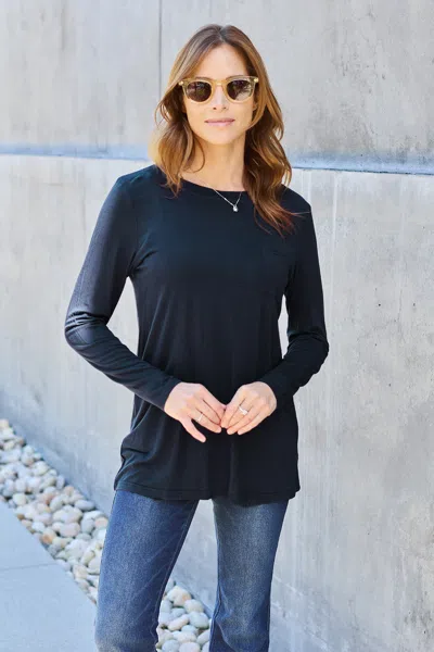 Fashnzfab Full Size Round Neck Long Sleeve Top In Black