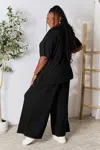 Fashnzfab Full Size Round Neck Slit Top And Pants Set In Black