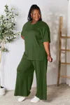 Fashnzfab Full Size Round Neck Slit Top And Pants Set In Green