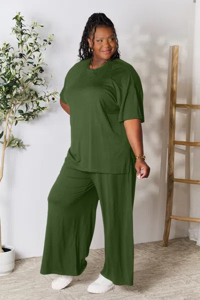 Fashnzfab Full Size Round Neck Slit Top And Pants Set In Green