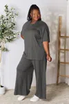 Fashnzfab Full Size Round Neck Slit Top And Pants Set In Grey