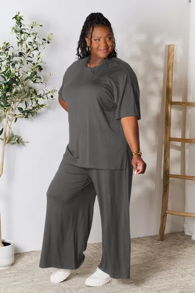 Fashnzfab Full Size Round Neck Slit Top And Pants Set In Grey