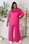 Fashnzfab Full Size Round Neck Slit Top And Pants Set In Pink