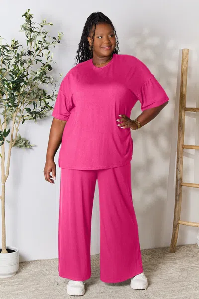 Fashnzfab Full Size Round Neck Slit Top And Pants Set In Pink
