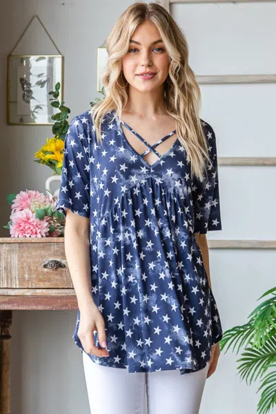 Fashnzfab Full Size Short Sleeve Crisscross Star Babydoll Top In Multi
