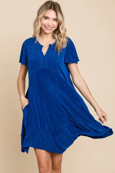 Fashnzfab Full Size Short Sleeve Ruffled Asymmetric Hem Dress In Blue