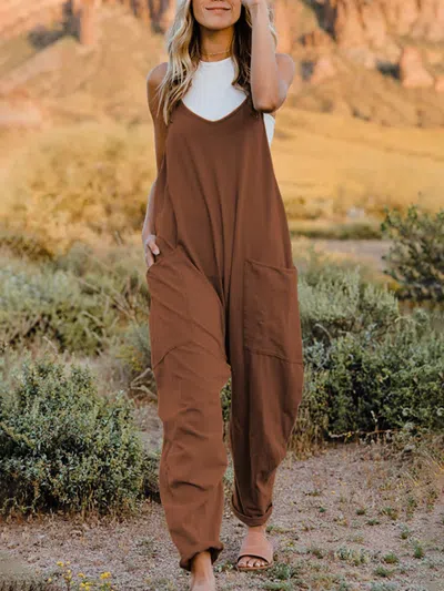 Fashnzfab Full Size Sleeveless V-neck Pocketed Jumpsuit In Brown