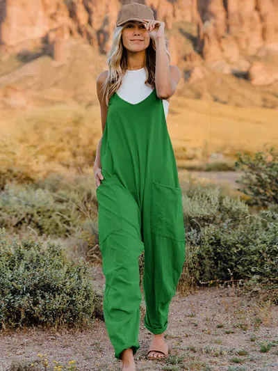 Fashnzfab Full Size Sleeveless V-neck Pocketed Jumpsuit In Green
