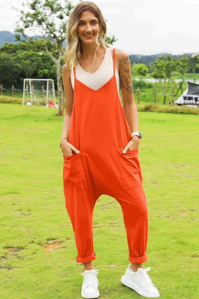 Fashnzfab Full Size Sleeveless V-neck Pocketed Jumpsuit In Orange