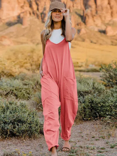 Fashnzfab Full Size Sleeveless V-neck Pocketed Jumpsuit In Pink