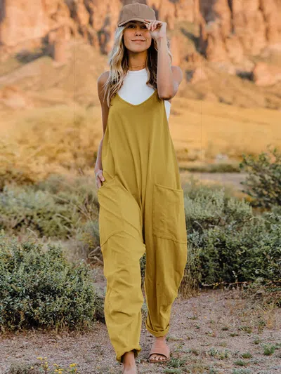 Fashnzfab Full Size Sleeveless V-neck Pocketed Jumpsuit In Yellow
