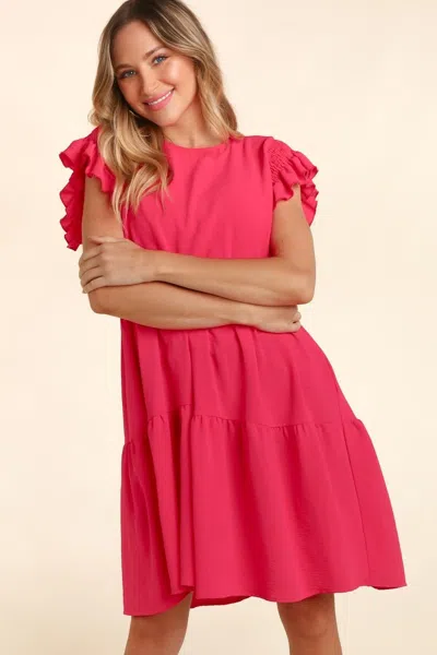 Fashnzfab Full Size Smocking Ruffle Short Sleeve Dress With Pockets In Pink