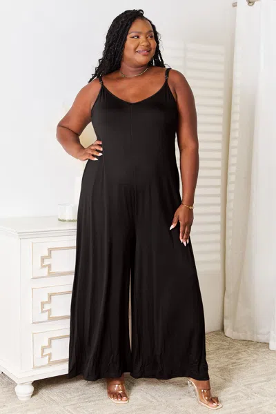 Fashnzfab Full Size Soft Rayon Spaghetti Strap Tied Wide Leg Jumpsuit In Black