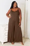 Fashnzfab Full Size Soft Rayon Spaghetti Strap Tied Wide Leg Jumpsuit In Brown