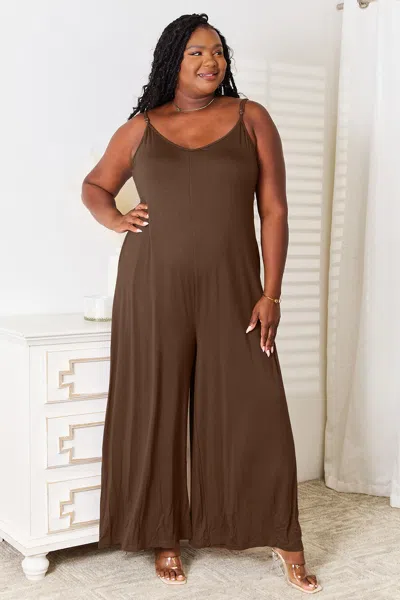 Fashnzfab Full Size Soft Rayon Spaghetti Strap Tied Wide Leg Jumpsuit In Brown