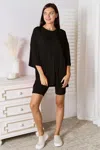 Fashnzfab Full Size Soft Rayon Three-quarter Sleeve Top And Shorts Set In Black