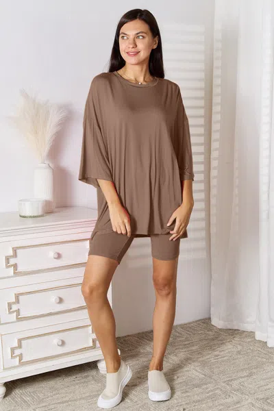 Fashnzfab Full Size Soft Rayon Three-quarter Sleeve Top And Shorts Set In Brown