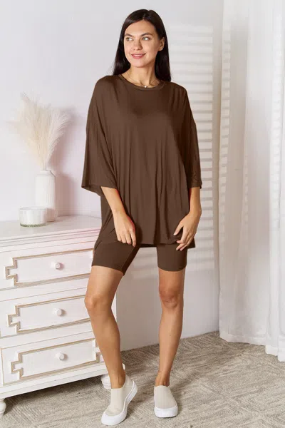 Fashnzfab Full Size Soft Rayon Three-quarter Sleeve Top And Shorts Set In Gold